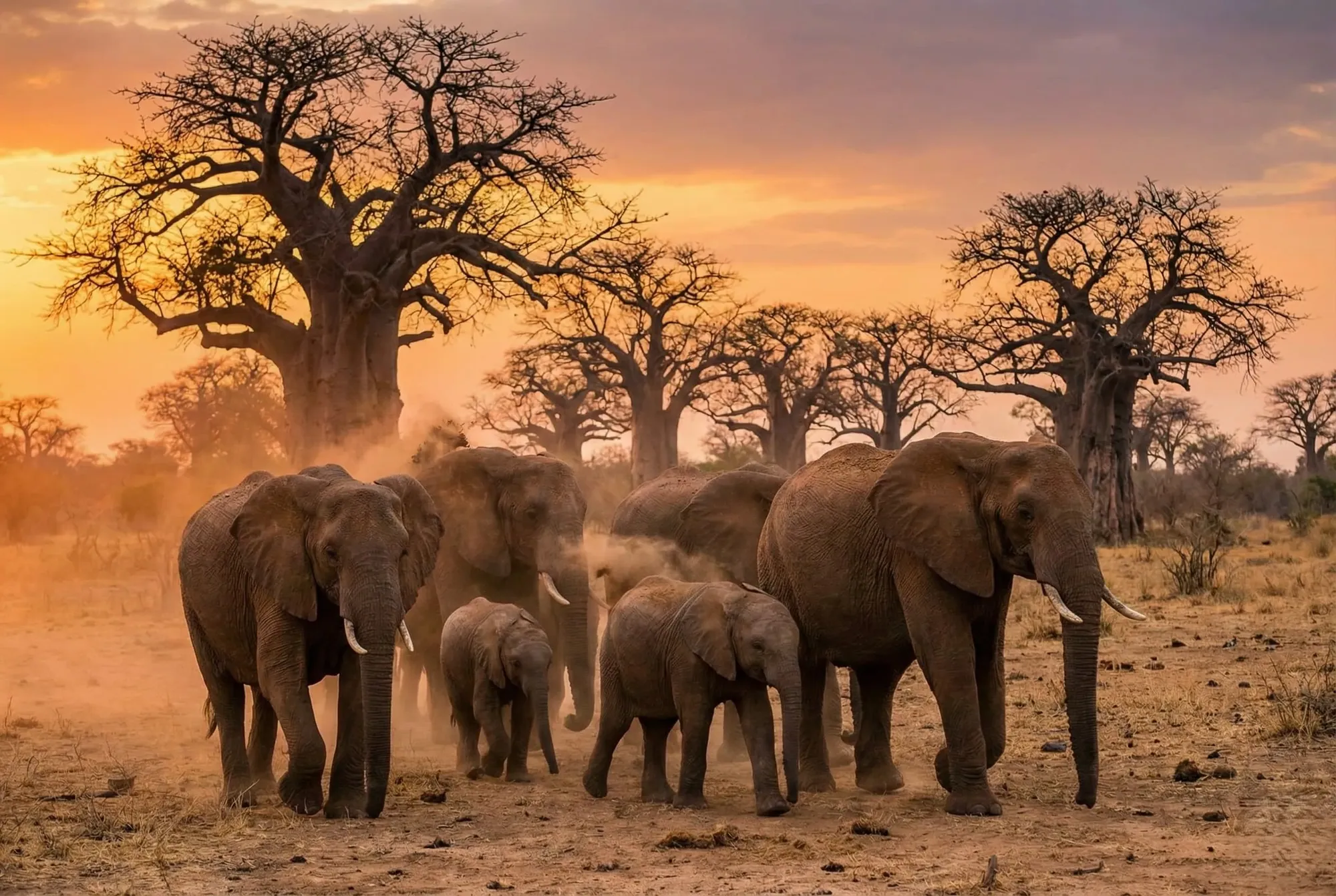 Herd of elephants walking past baobab trees at sunset in Tanzania